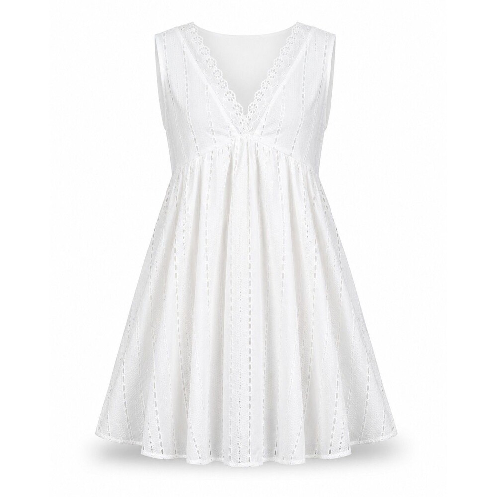 White Eyelet Babydoll Midi Dress Size M Sleeveless Lace Trim V Neck Boho Cottage
